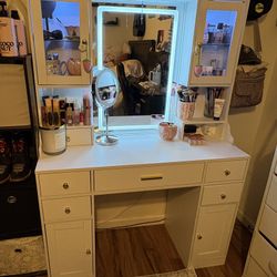 White Vanity Desk with LED Mirror, RGB Cabinets & Charging Station – Large
