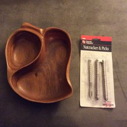 Handcraved Wood Bowl And Nut Cracker Set