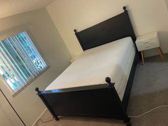 Dark Wood Queen Bed Frame with Mattress & Nightstands (OBO)