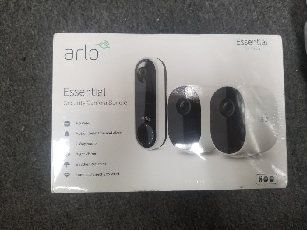 New!!! Arlo - Video Doorbell - Wired and Essential Spotlight Camera – Indoor/Outdoor Wire-Free 1080p Security Camera - White (2 pack). Pick up only!!!