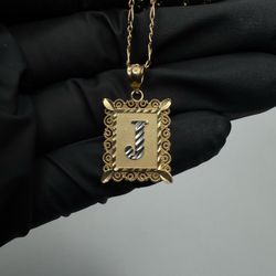 14k Two-Tone Filigree Initial Pendant "J"