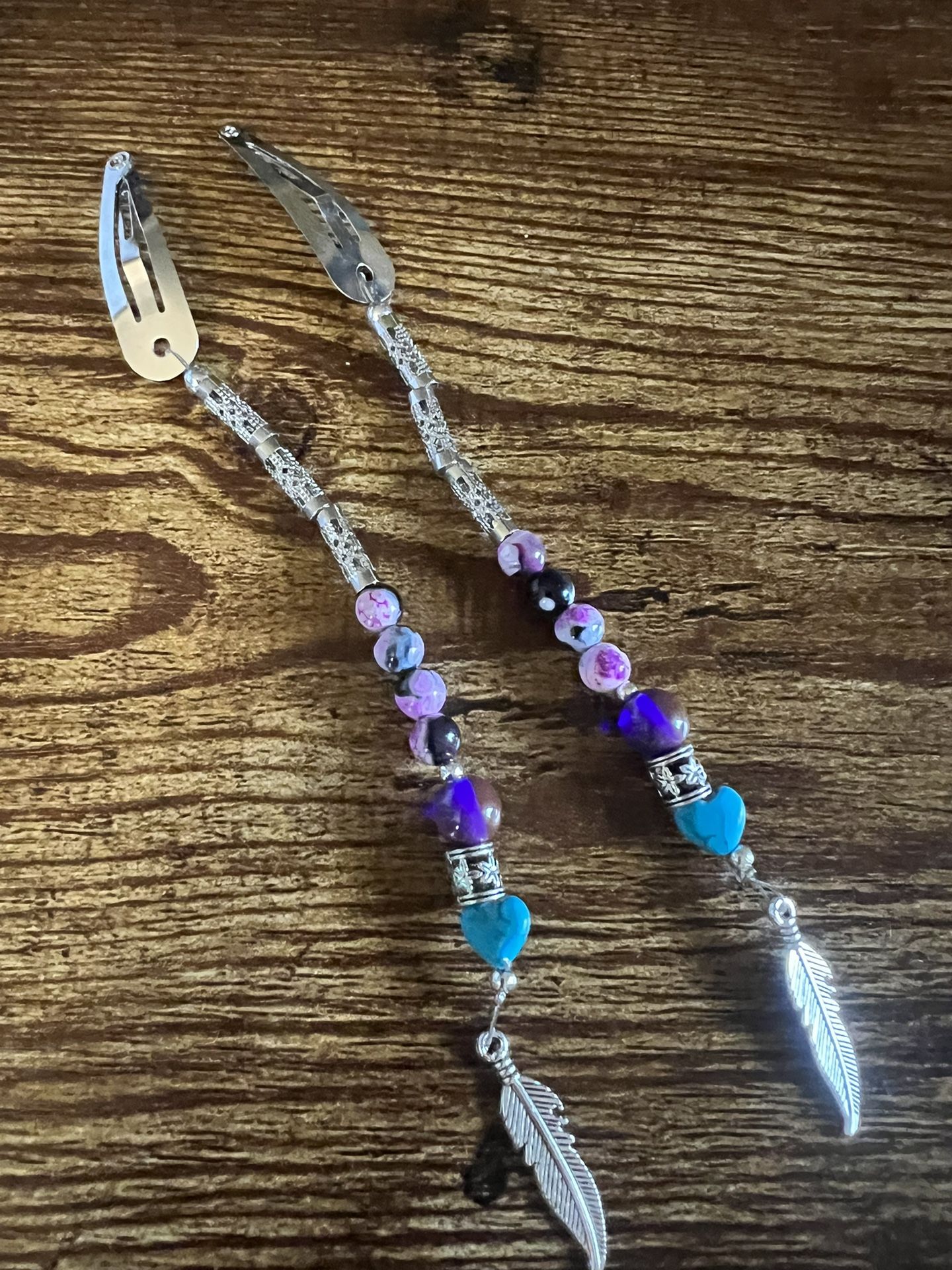 Silver Hair Clips With Beads And Feather Charms 