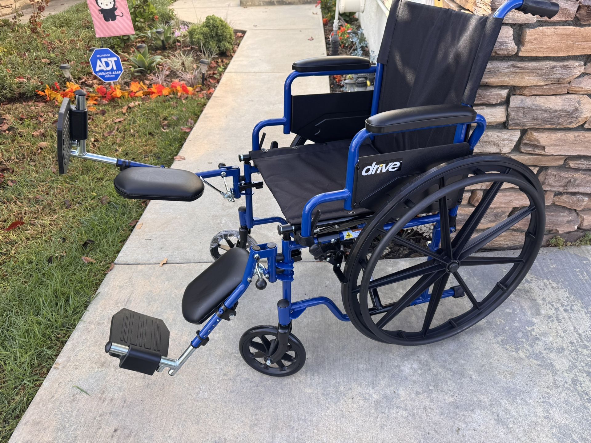 Blue medical wheelchair large wheels, full-size leg rest – brand new assembled