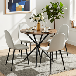 Homy Casa FONTANA+CHARLTON 5PC Dining Set 31.5” Round Dark Walnut Table with 4 Charlton Khaki Fabric Chairs