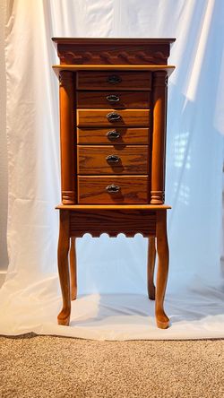 Wooden Standing Jewelry Armoire – 6 Drawers + Side Doors – Great Condition