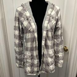 Eddie Bauer checkered double lined flannel shirt jacket womens gray grey white warm winter medium m