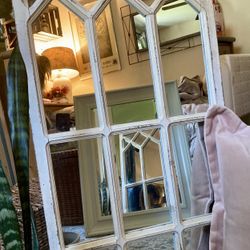 Antique English Cottage White Window Turned Wall Mirror 