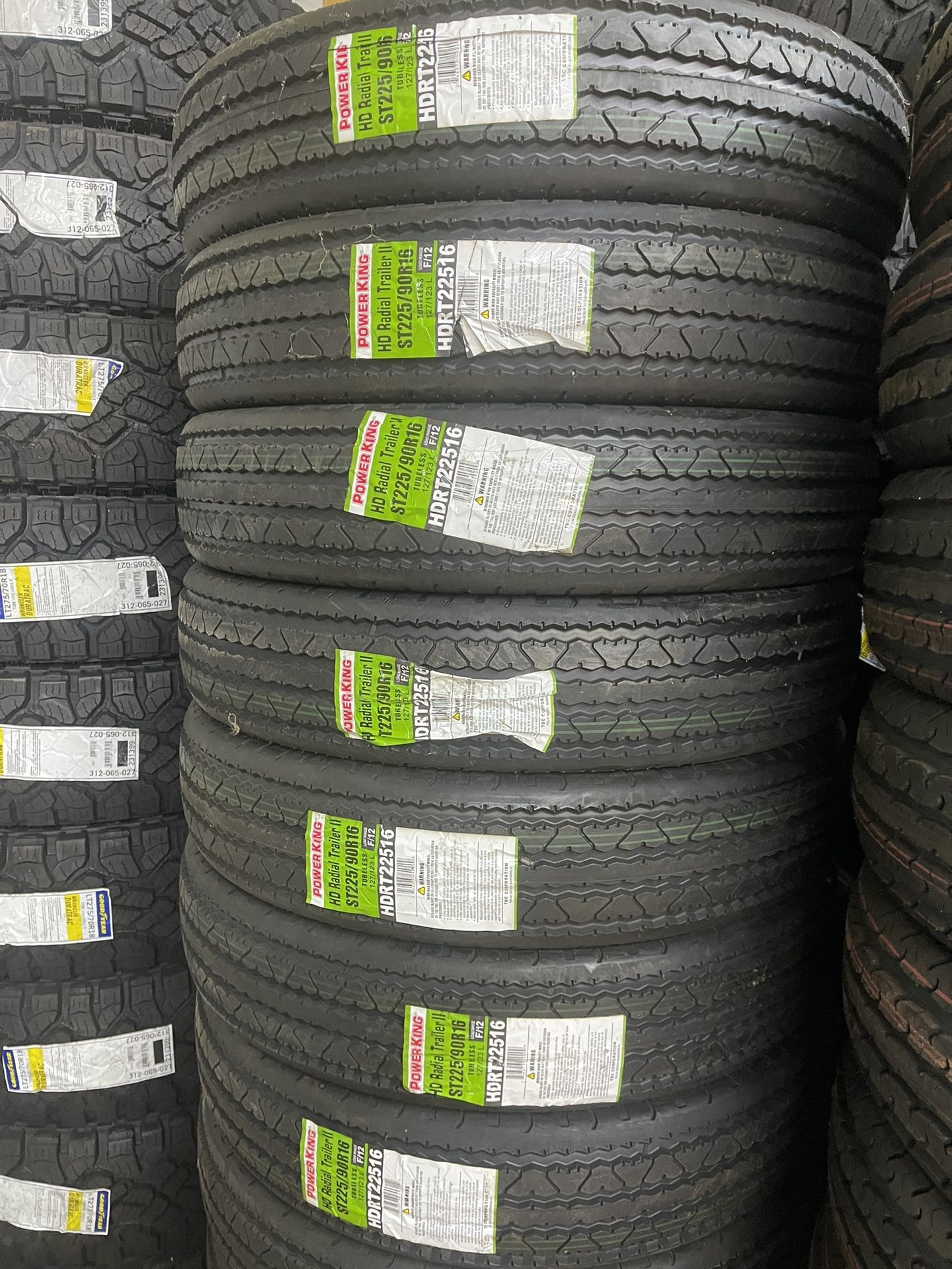 ST225 90 16 SET OF 4 BRAND NEW TIRES 110$ POWER KING HD RADIAL TRAILER HIGH QUALITY TIRES 