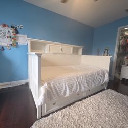 White Twin Bookcase Wall Bed, pull out, bunky board, 1 twin mattress.