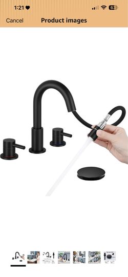 Set of 2 Matte Black Pull Down Bathroom Faucet 3 Hole with Pop Up Drain, Bathroom Sink Faucet with Pull Down Sprayer 2 Modes, 8 inch Widespread