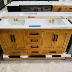 60” Brand New Bathroom Vanity in Teak color, Soft Close Solid Wood with Top in White  $899 