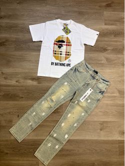 PURPLE JEANS AND BAPE SHIRT