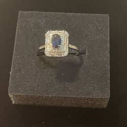 Beautiful Square Sapphire Ring With Cubic Zirconia. S925 Silver. Adjustable.