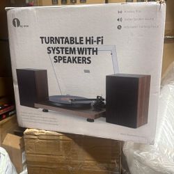 1 by ONE High Fidelity Belt Drive Turntable with Built-in Speakers, Vinyl Record Player with Magnetic Cartridge, Wireless Playback and Aux-in Function