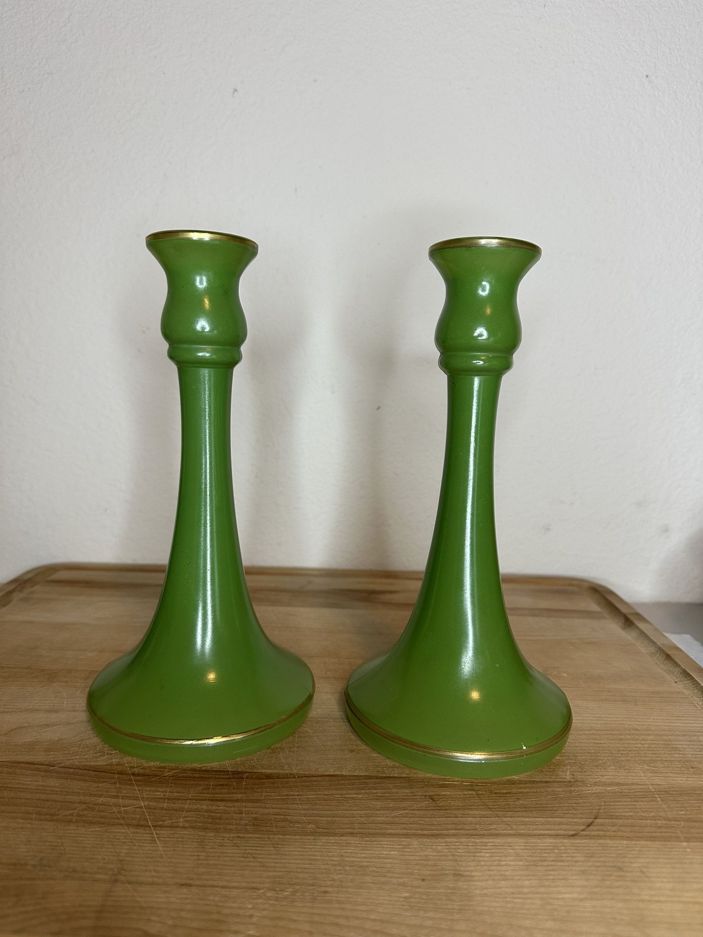 Vintage Green Glass w/Gold Accents Around Top and Base Taper Candlestick Holder