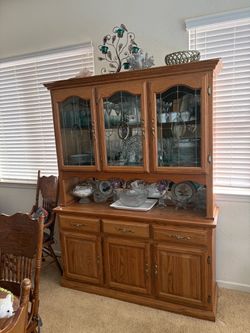 Oak China Hutch with Leaded Glass Doors