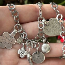 Vintage Sterling Silver Chain Necklace Long Signed Retro Flower Power Daisy Charms Estate Jewelry Love Health Joy Charms 