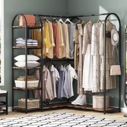 JW0199 L Shape Clothes Rack, Corner Garment Rack with Storage Shelves and Hanging Rods, Space-Saving