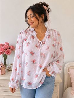 Joie Floral Swiss Dot Blouse SZ L Pink Bow Print Tie Neck Coquette Cottagecore
