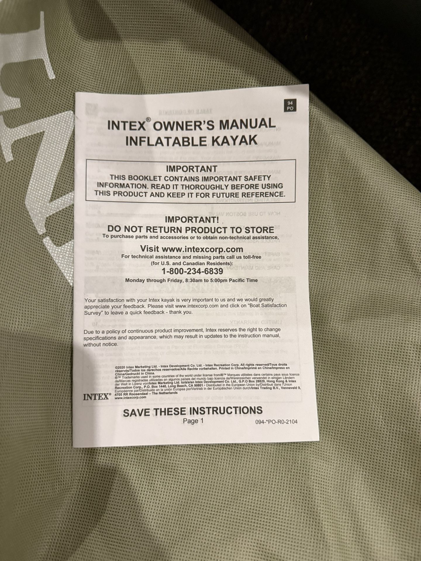 Inflatable Kayak - Intex K1 Challenger