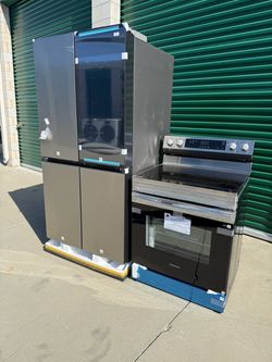 Samsung All In Stainless Steel Refrigerator Family Hub And Stove Electric