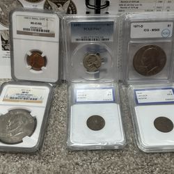 Grade Coin Lot, 1977-D Big Sky Hoard Einsenhower NGC MS65, 1960-D 1C Small Date NGC MS 65 RD, 1957 5C PR67, 1971-D $1 MS65, 🤩 OPEN TO TRADES 🤩