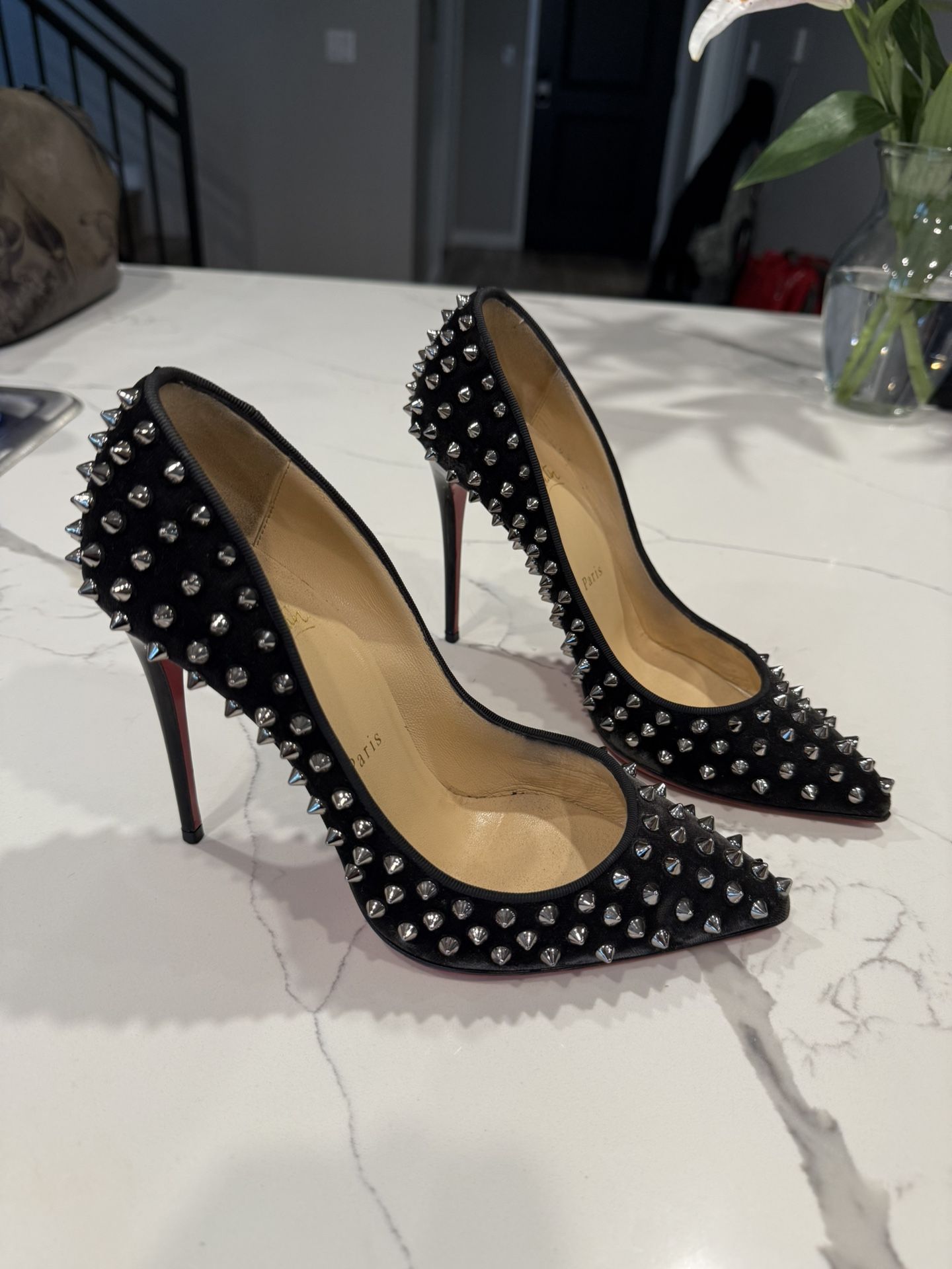 Christian Louboutin Folies Black Velvet Spike Red Bottom Women's Heels
