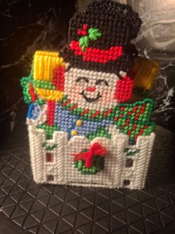 Vintage Handmade Plastic Canvas Christmas Snowman Coaster Set with Holder Caddy