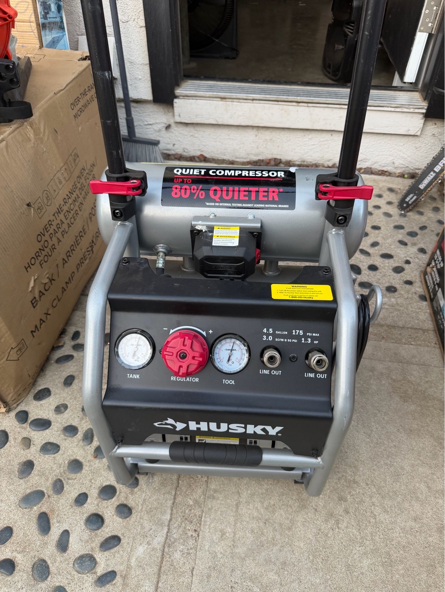 Husky 4.5 Gal. 175 PSI Portable Electric Oil-Free Quiet Twin Stack Jobsite Air Compressor w/Rubber Wheels and 2-Quick Couplers