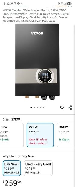 VEVOR Tankless Water Heater Electric, 27KW 240V Black Instant Water Heater, LCD Touch Screen, Digital Temperature Display, Child Security Lock, On Dem