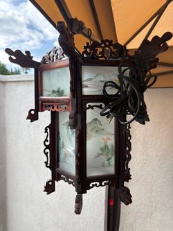 Vintage Chinese Palace Lantern Lamp - Reverse Painted Glass Panels