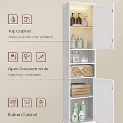 Tall Bathroom Cabinet with Lights, Slim Freestanding Bathroom Storage Cabinet with Adjustable Shelves, for Small Spaces, Modern, 15.7 Inches Wide, Clo