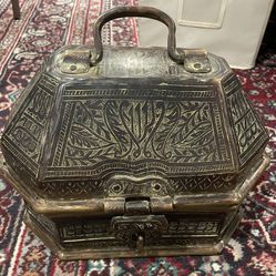 Antique Handcrafted Brass Octagon Trinket Box