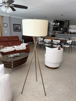 Modern Gold Tripod Floor Lamp with Large White Drum Shade $60