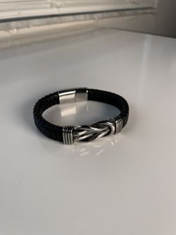 Silver Stainless Steel and Leather Bracelet