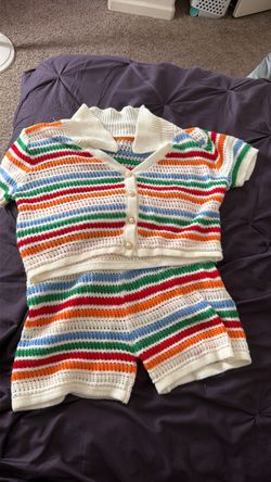 Knitted striped two- piece shorts set
