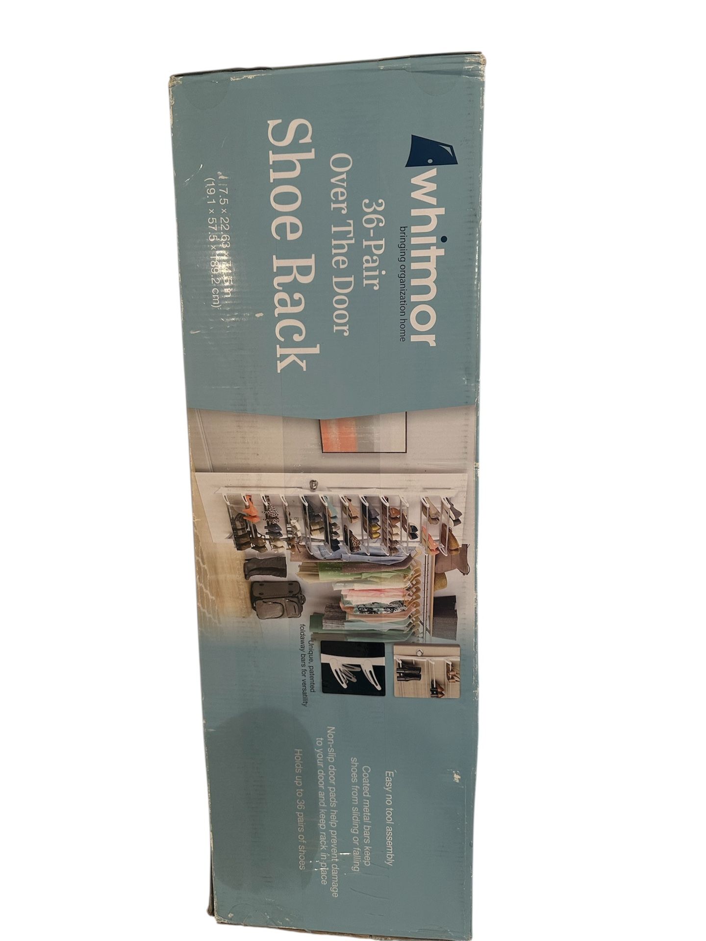 Whitmor 36-Pair Over Door Shoe Rack White Fold-Up Bars Non-Slip Shoe Storage NEW