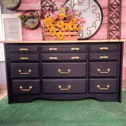 Vintage Black 9/Drawer Wood Dresser