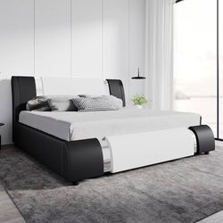 Modern Faux Leather King Bed Frame with Adjustable Headboard and Iron Accents, Deluxe Upholstered Platform Bed with Solid Wooden Slats Support - White