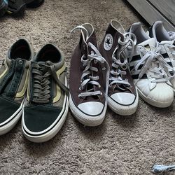 6.5 MEN Adidas super stars, green vans and brown converse