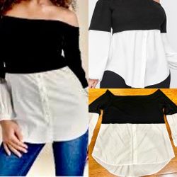 black&white colorblock mixed-media shirt/jersey knit top&a poplin shirt-style XL