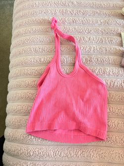 Pink Ribbed Halter Crop Top