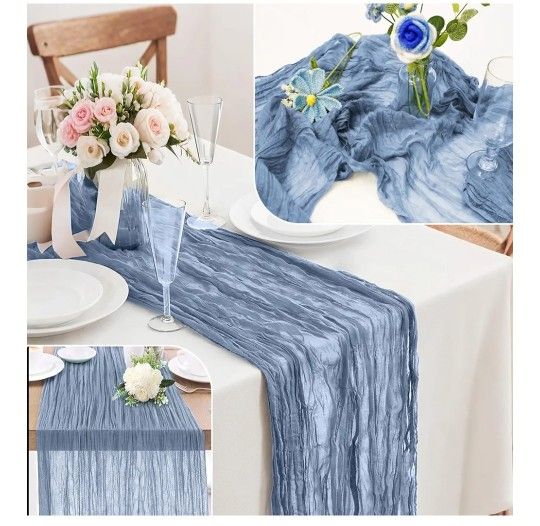 1-P Dusty Blue Cheesecloth Table Runner 10FT 35x120 In Boho Rustic Gauze Fabric
