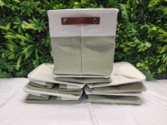 Set of 5 Foldable Fabric Storage Cubes with Faux Leather Handles – Sage Green & Cream – 11"