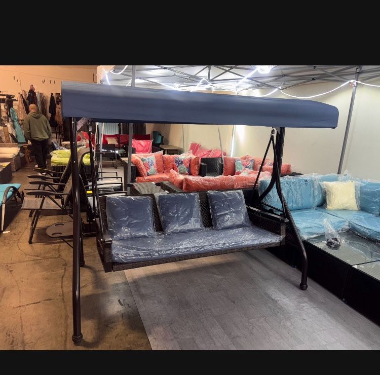 New In Box Outdoor Patio Porch Swing with Adjustable Canopy Cup Holder Thick Cushions