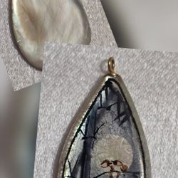 Vintage Persian Hand Painted Mother of Pearl One Side Birds Pendant 1" Teardrop