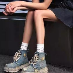 Distressed Denim Platform Women Chunky Ankle Boots Size 7