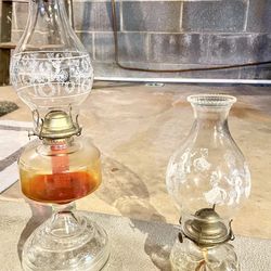 Antique 1850s to 1900s Scovill Mfg. Clear Glass Hurricane/Oil/Kerosene Lamp/Light Farmhouse/Country Decor Finger Hold Fancy White Chimney