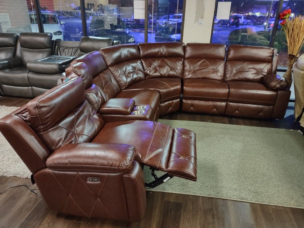 New Top grain Genuine Leather Sectional Sofa With Three Power Recliners And Three Power Head Rests