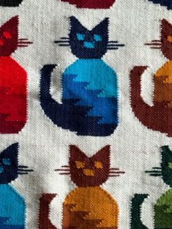 Vintage Peruvian Woven Wool Cat Vibrant Textile Rug Wall Hanging Art Approx 50” x 21”  Handwoven wool runner rug with a repeating cat pattern in multi